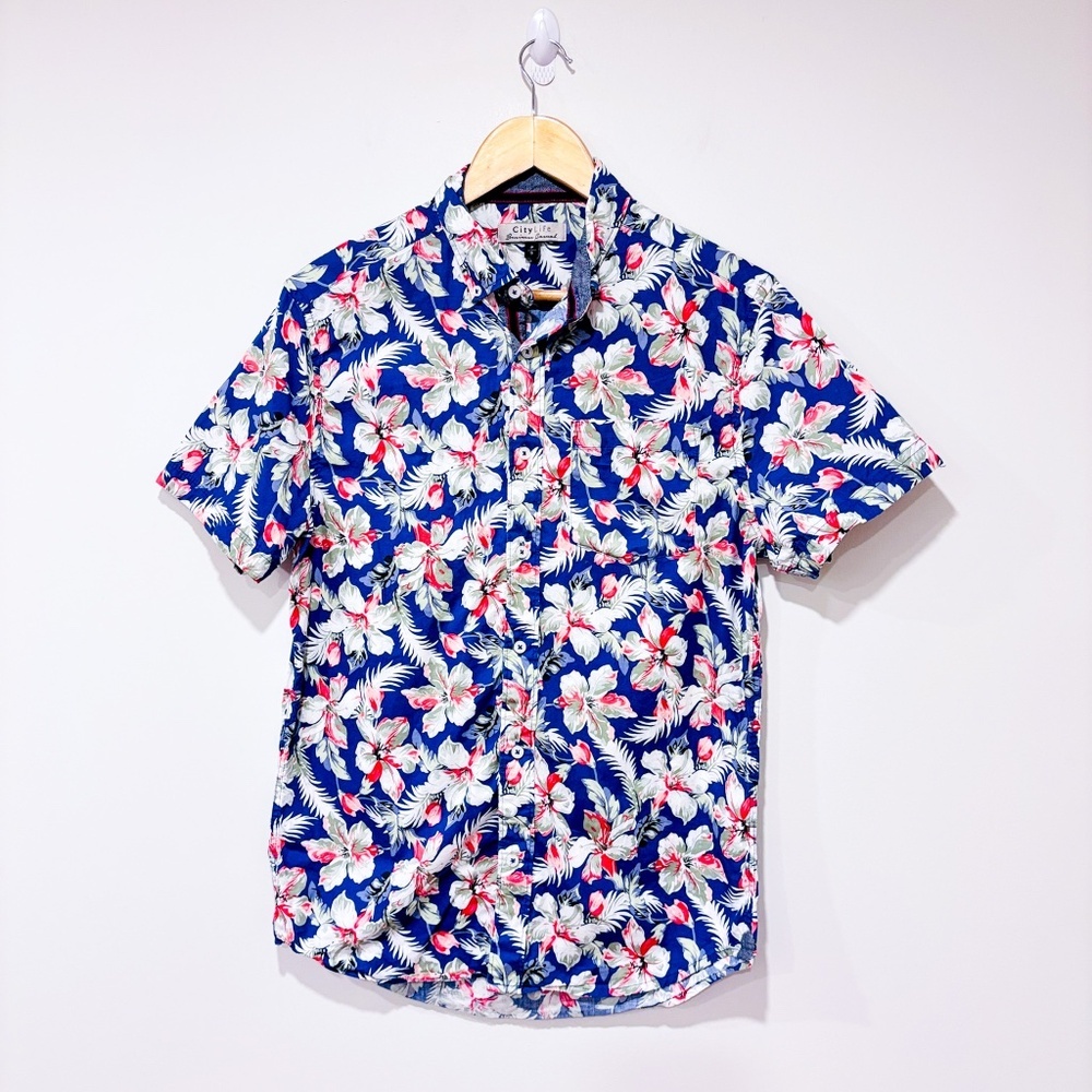 CITY LIFE Blue Red‎ Floral Cotton Hawaiian Button Down Shirt | Small *